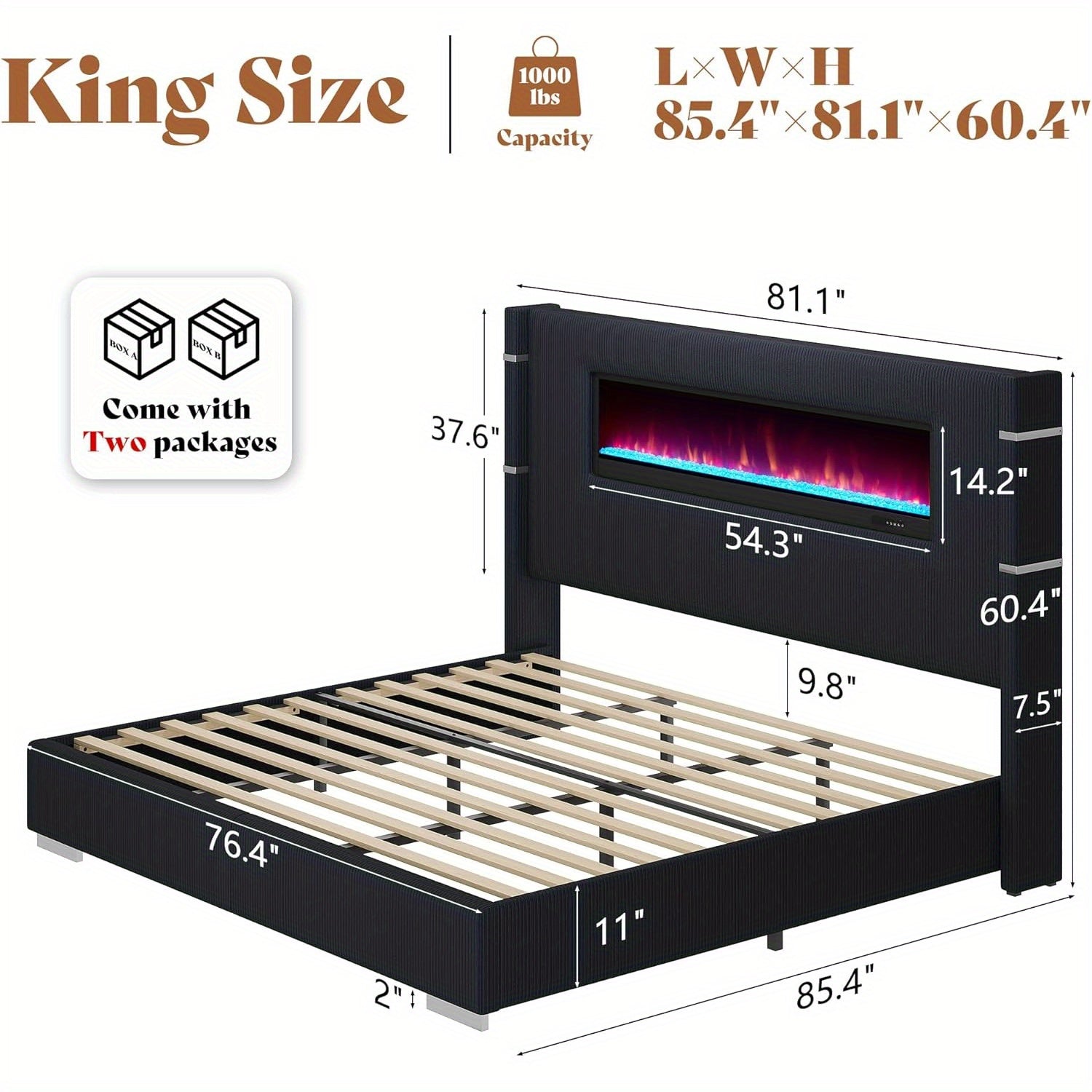 Contemporary Wingback Bed Frame with Integrated Fireplace