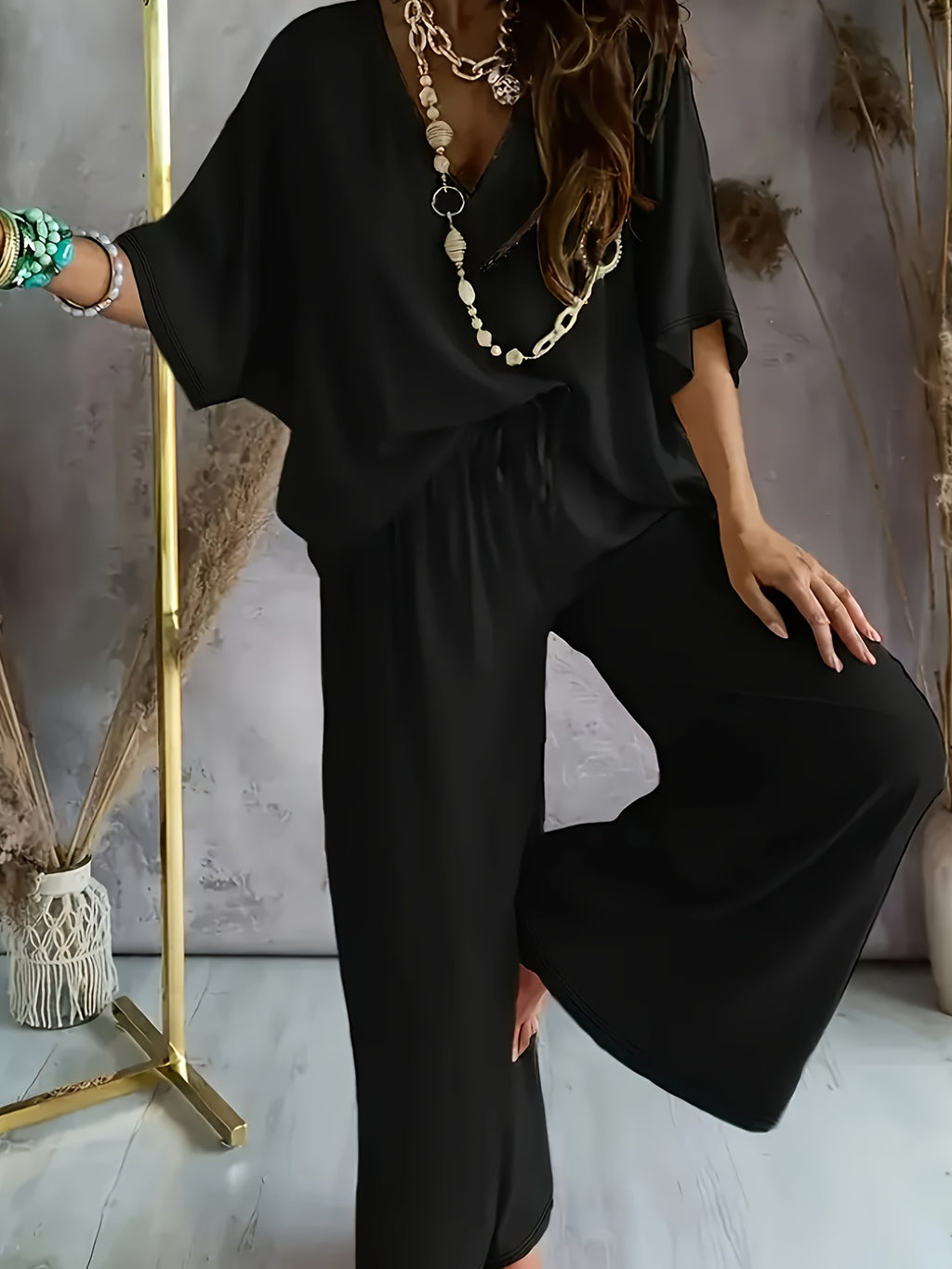 Solid Color V-Neck Casual Suit