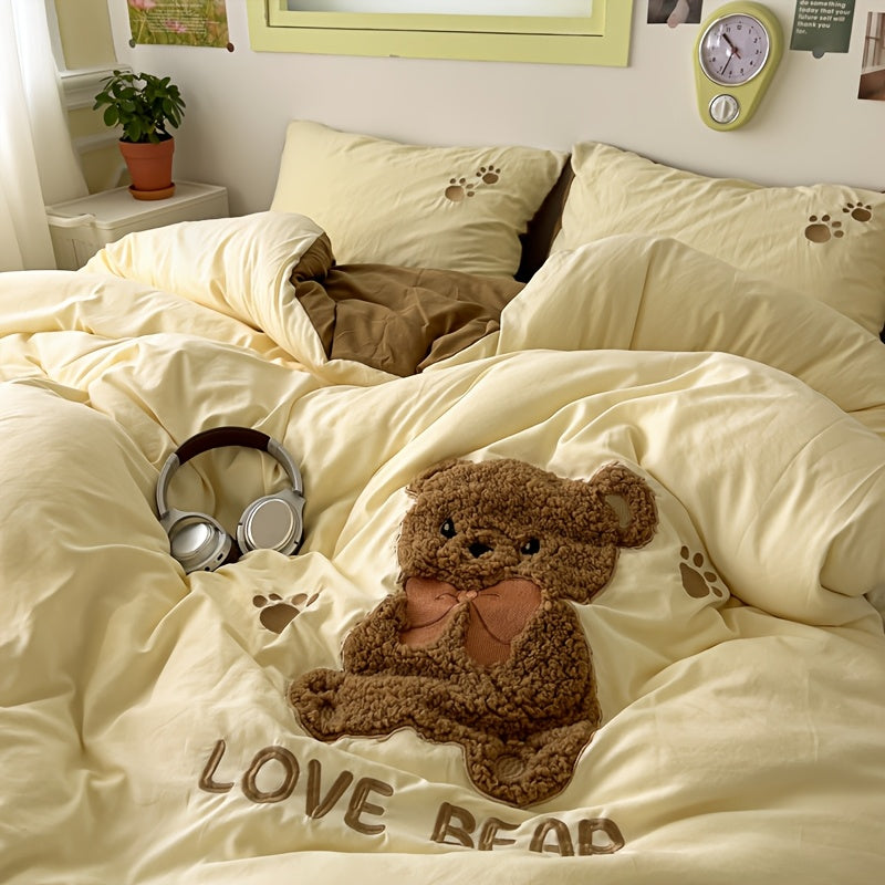 Teddy Bear Towel Bedding Set, Including 1 Duvet Cover, 1 Bed Sheet, And 2 Pillowcases