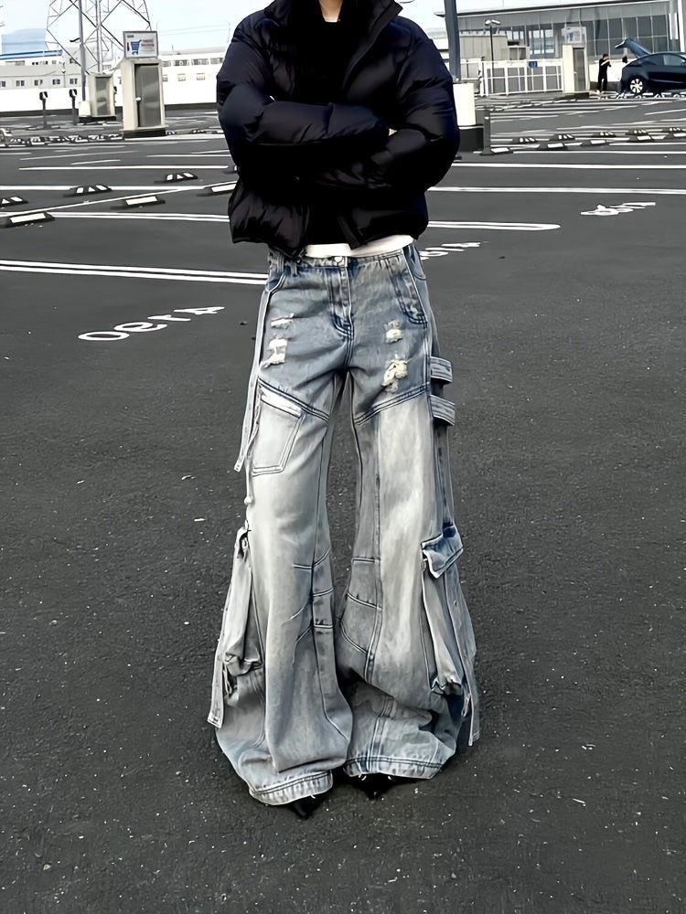 Cargo Faux Denim with Multiple Utility Pockets