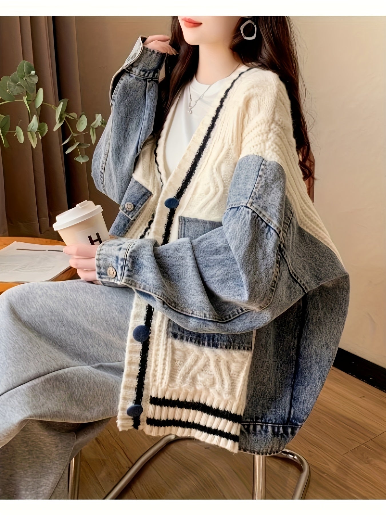 Oversized Light Gray & Blue Contrast Batwing Cardigan