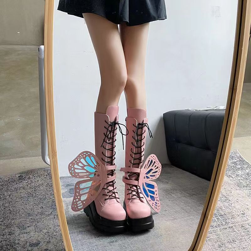 Punk Gothic Chunky Platform Boots with Butterfly Lace-Up Ankle & Calf Straps
