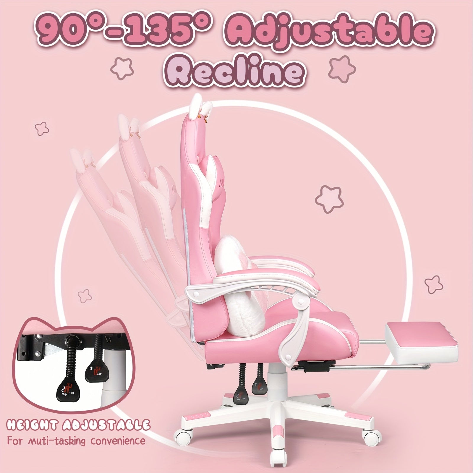 Pink Kawaii Cat Ear Gaming Chair with Paw Cushion