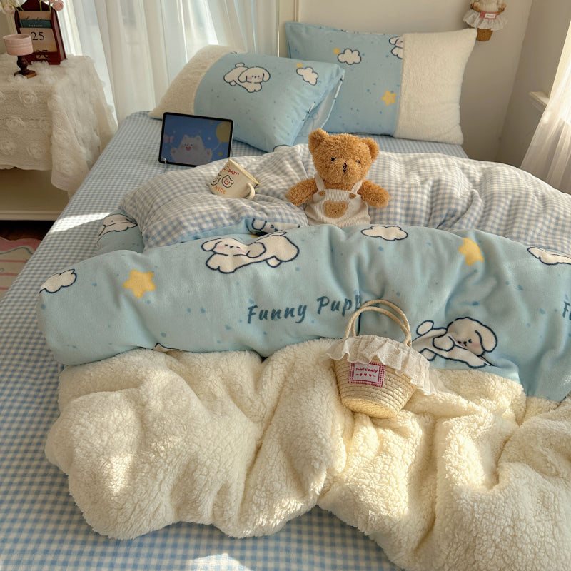 {3/4pcs} Cartoon Lambskin + Milk Velvet Set