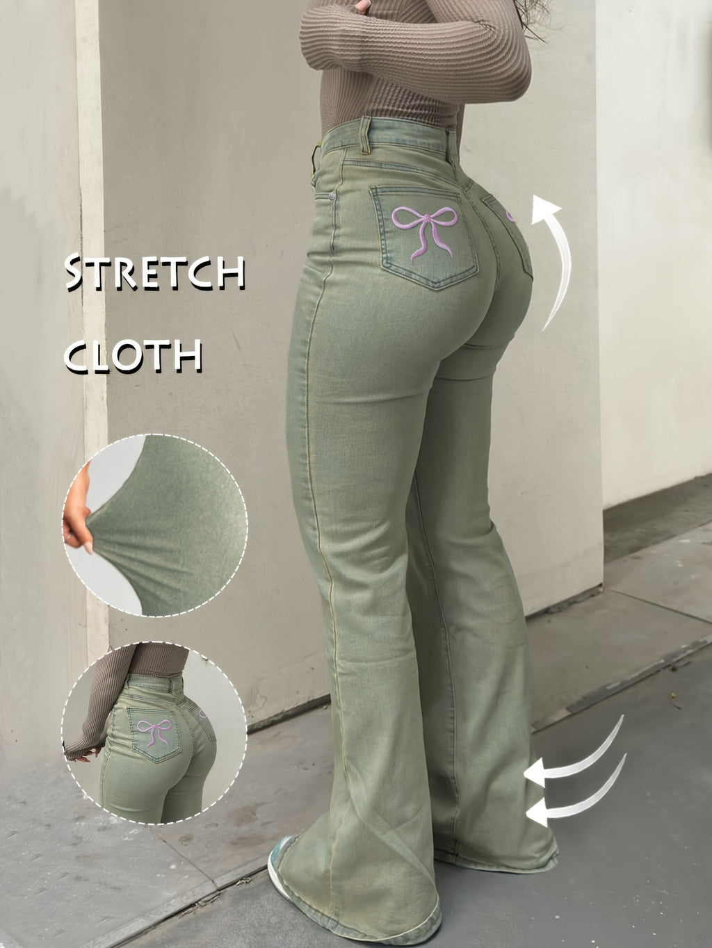 Women'S High-Waisted Stretch Denim Flare Jeans with Embroidered Bow Detail, Street Style Casual Pants, All-Season Comfort, Blue, High Waisted Jeans, Comfortable Fashion, Durable Fabric