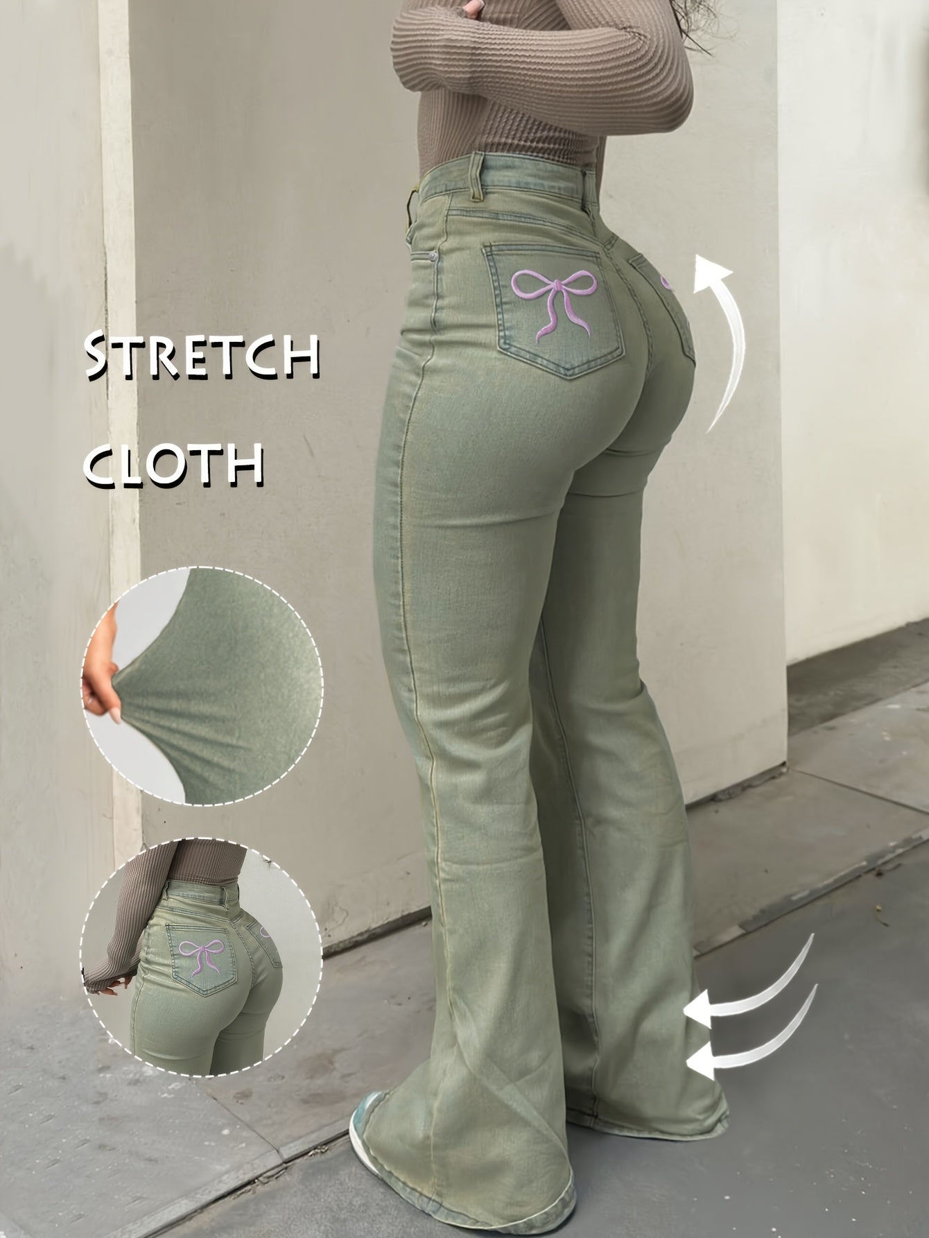 Women'S High-Waisted Stretch Denim Flare Jeans with Embroidered Bow Detail, Street Style Casual Pants, All-Season Comfort, Blue, High Waisted Jeans, Comfortable Fashion, Durable Fabric
