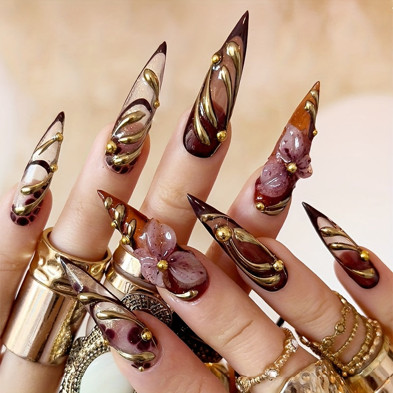 24pcs 3D Flowers Press On Nails - Long Stiletto Fake Nails with Vintage Glam Style, Reusable Acrylic Brown Nails for Women, Includes Nail File & Jelly Glue, Full Coverage XXL/XXXL, Cute Nails