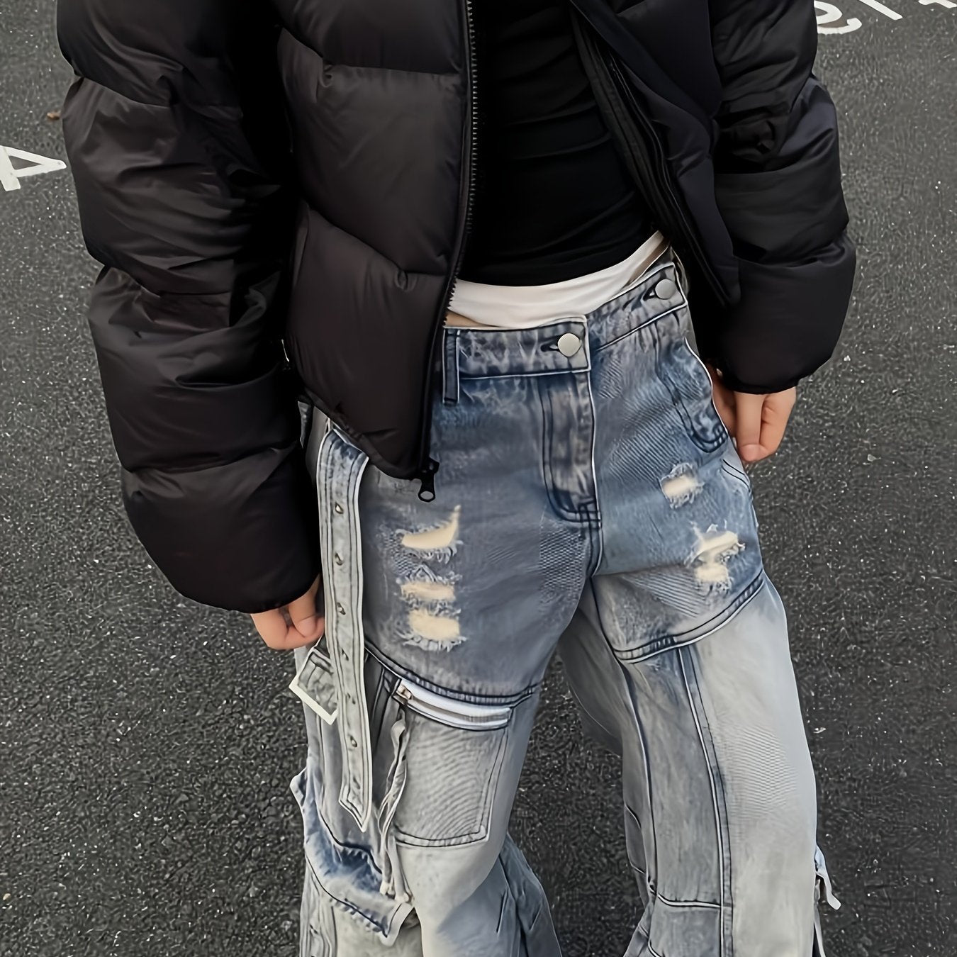 Cargo Faux Denim with Multiple Utility Pockets