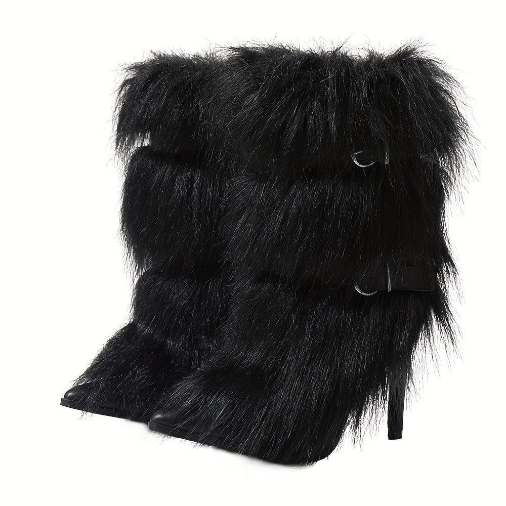 Faux Fur Plush Short Boots with Stiletto Heels