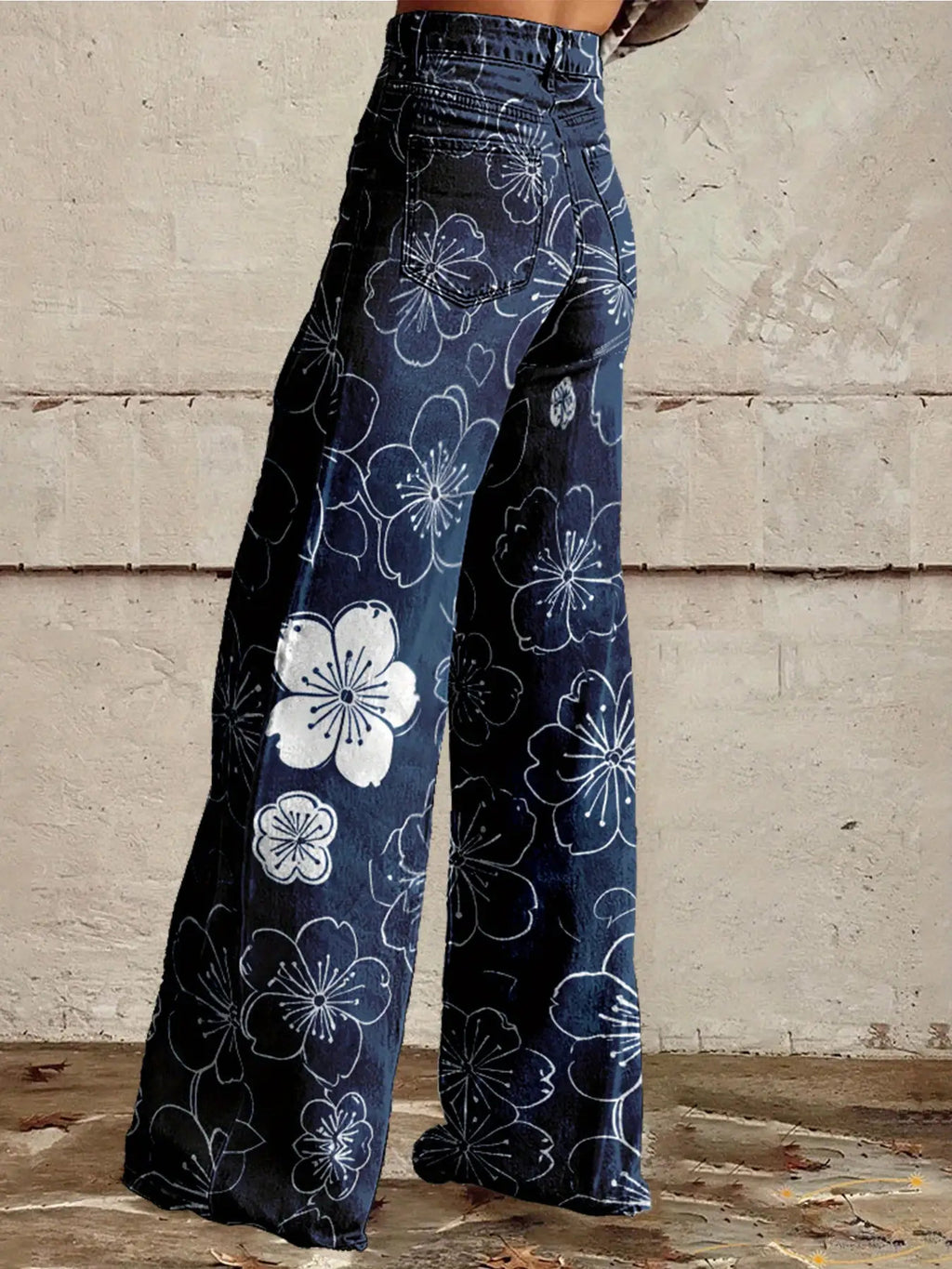 High-Waisted Wide-Leg Flared Floral Denim Jeans
