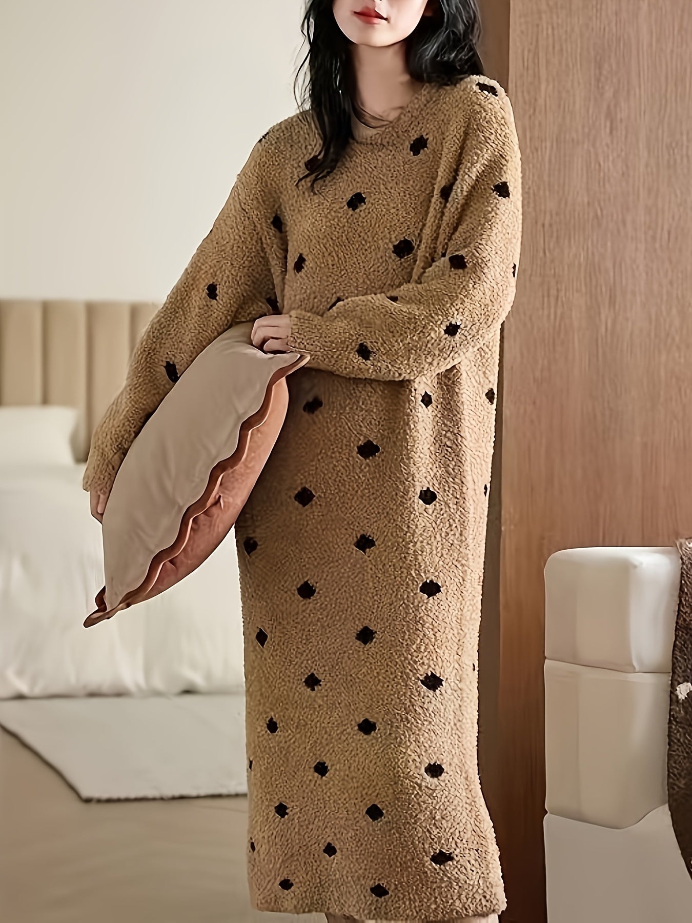 [Striped Pajama Dress] Women's Long Wave Dot Pajama Nightdress - High-Stretch Winter Sleepwear with Round Neck, Floor-Length Soft Brown & Black Horizontal Striped Design, Machine Washable Cozy Lounge Dress for Adults, Comfort