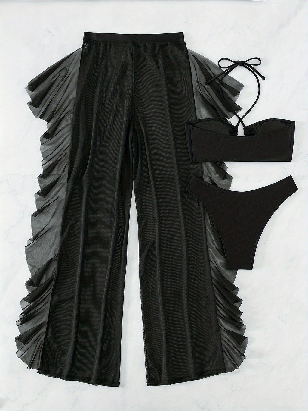 Semi-Sheer Ruched Crisscross Strap Mesh Panty Bikini Set