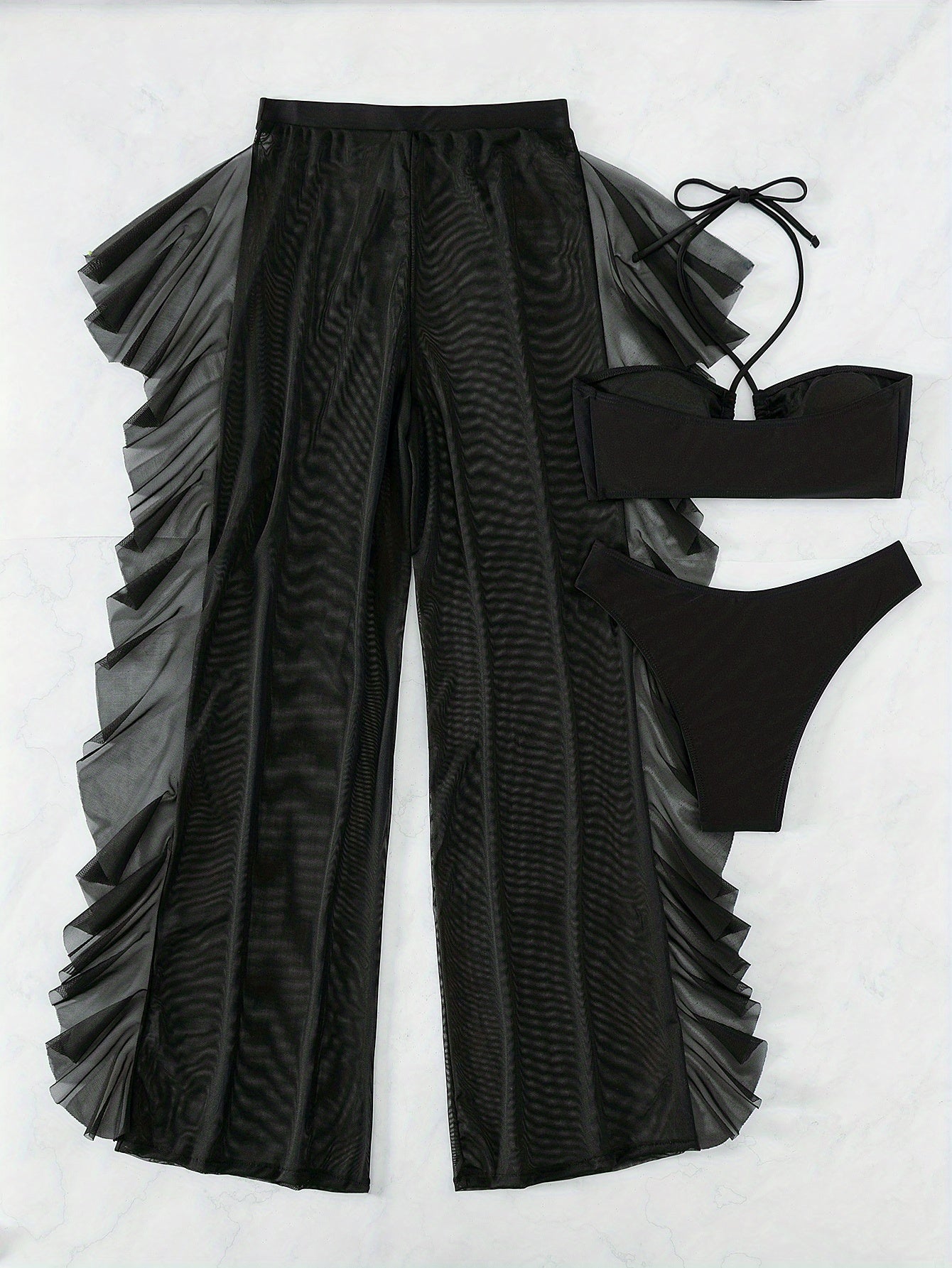 Semi-Sheer Fashion Ruched Crisscross Strap Mesh Panty Bikini Set