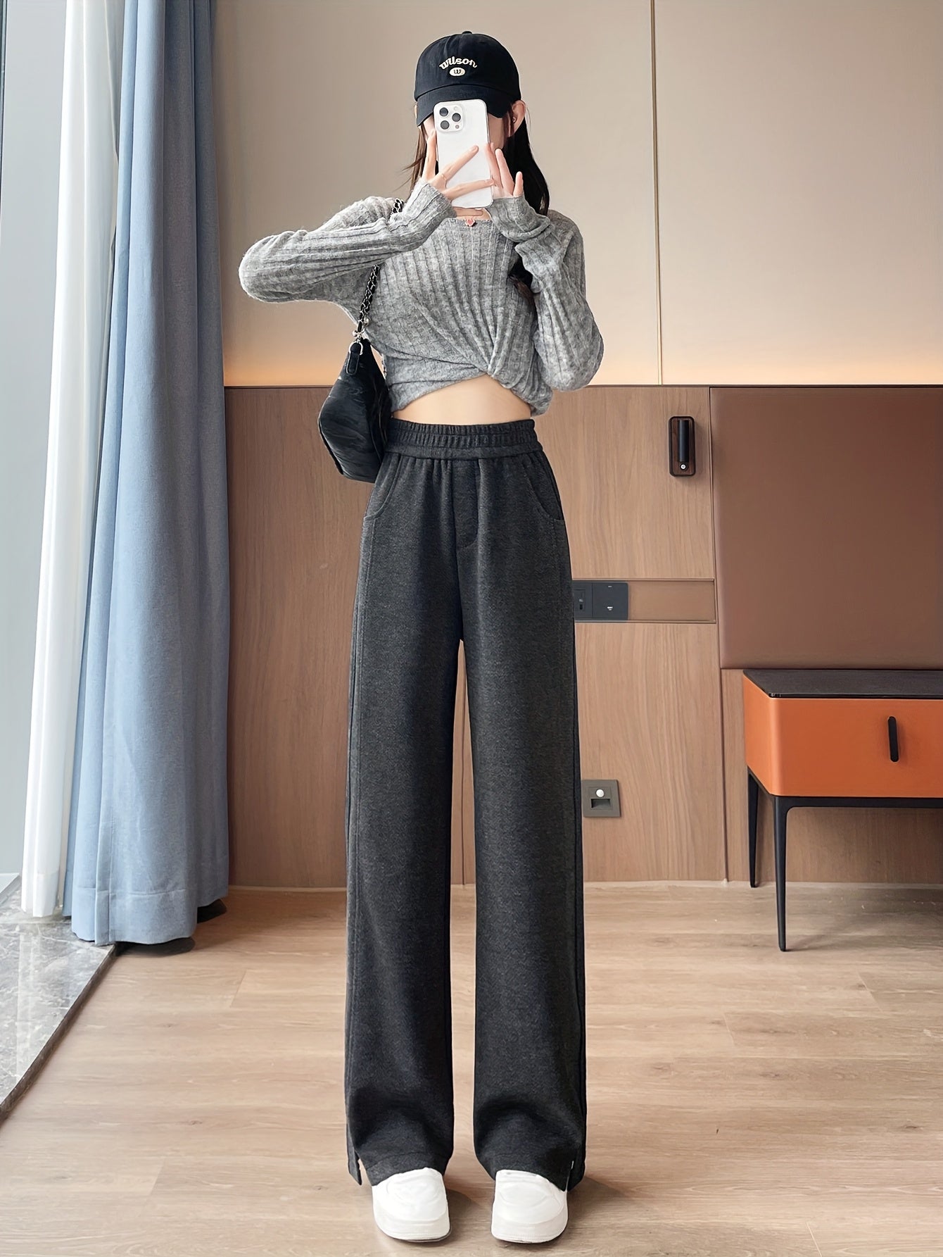 Women'S Wide-Leg Pants - Elegant Houndstooth Pattern, Elastic Waistband & Split Hem, Long Trousers for Fall/Winter, Office, Party, Everyday Outfits - Non-see-through Formal & Casual Pants, Party Attire, Geometric Pattern, Sty