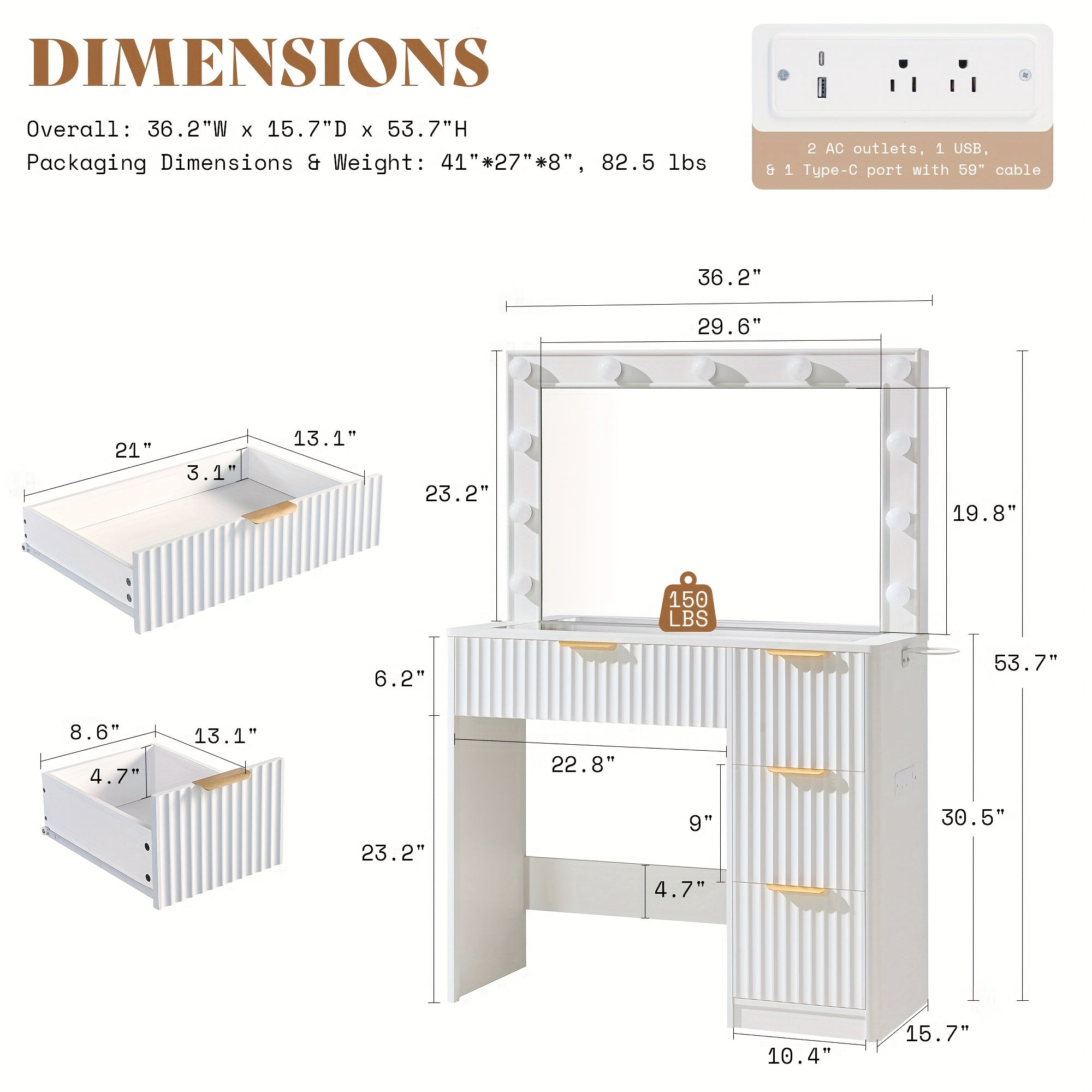 Fluted Vanity Desk With Large Mirror