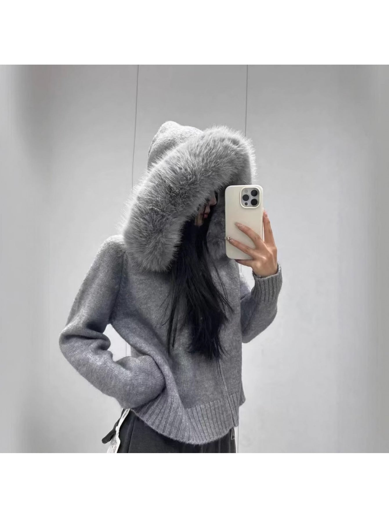 Women's Korean Retro Oversized Sweater Coat with Fur Collar & Hood - Long Sleeve Casual Winter Coat, Machine Washable Loose Fit Sweater Jacket for Women, Versatile Spring/Fall Outerwear (Black/White/Gray/Navy) - Solid Color D