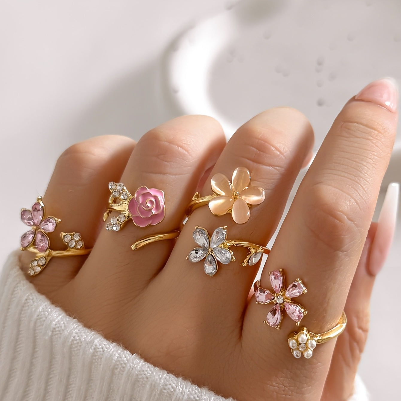 {4pcs} Set of Alloy Rhinestone Imitation Pearl Oil Painting Stacked Ring Set