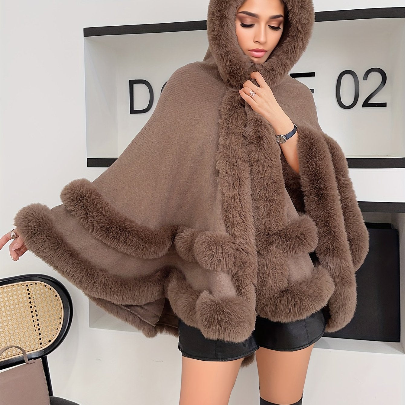 Faux Rabbit Fur-Lined Hooded Cape