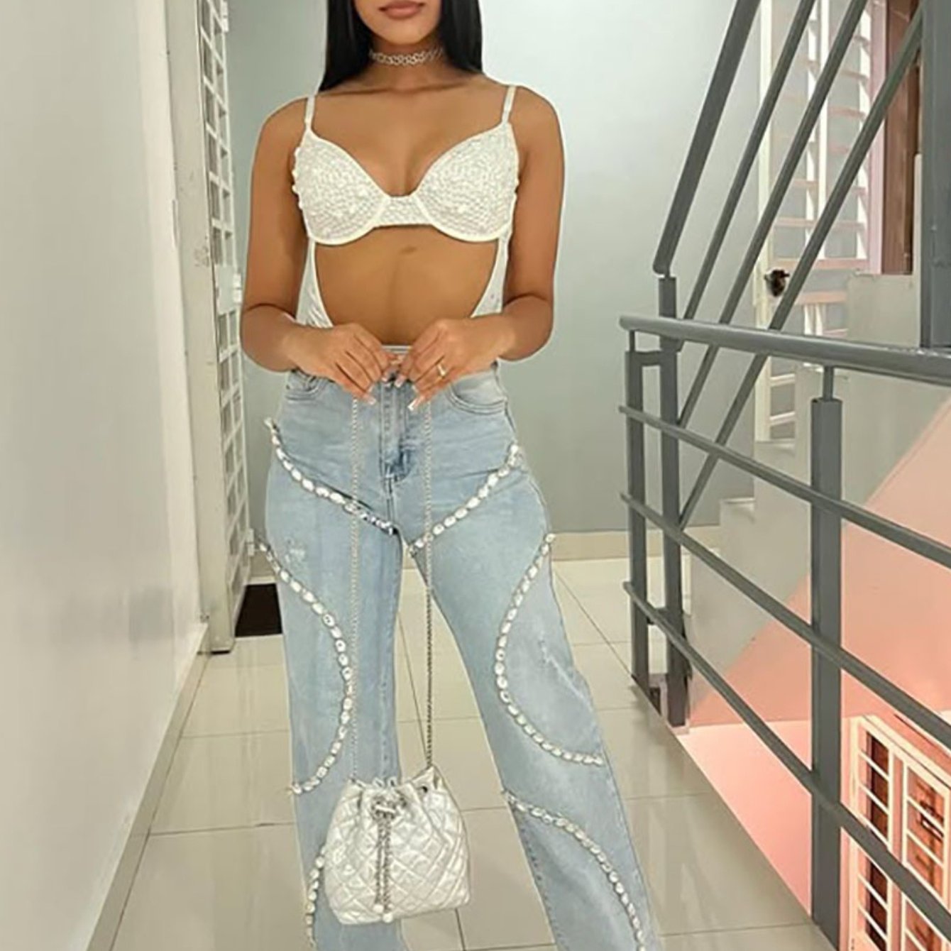 Rhinestone-Embellished Straight-Leg Jeans