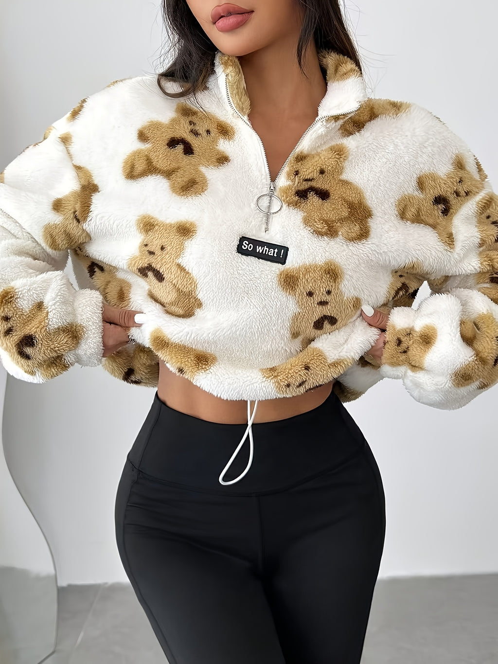 Women's Plush Teddy Bear Zipper Sweater - Cozy Plush Sweater with Half-Zip Front, & Brown Teddy Bear Design, All-Season Casual Winter Sweater for Women (Machine Washable) - Soft Long Sleeve Sweater for Layering & Standalone W