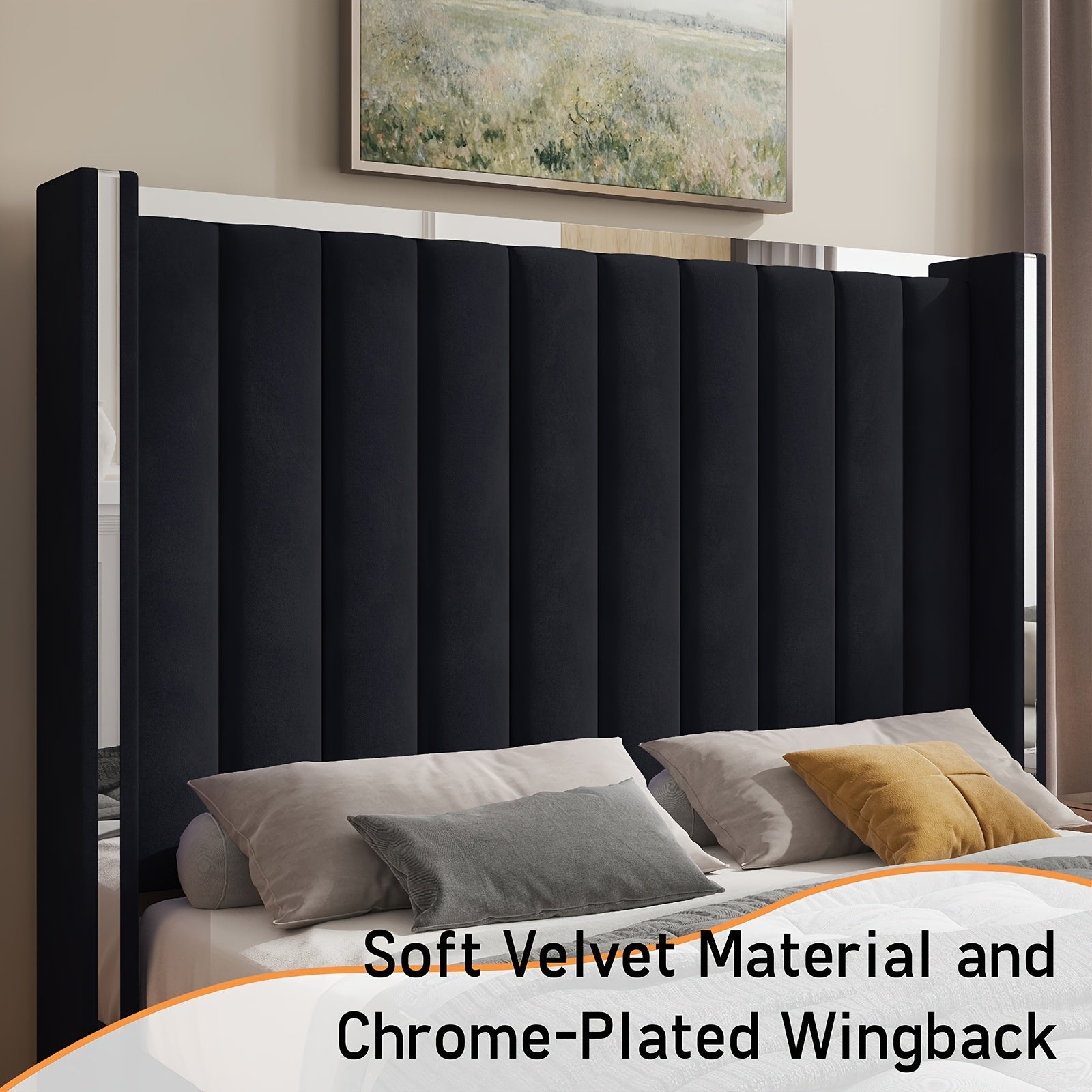 Modern Velvet Platform Bed with Channel Tufted Wingback Headboard