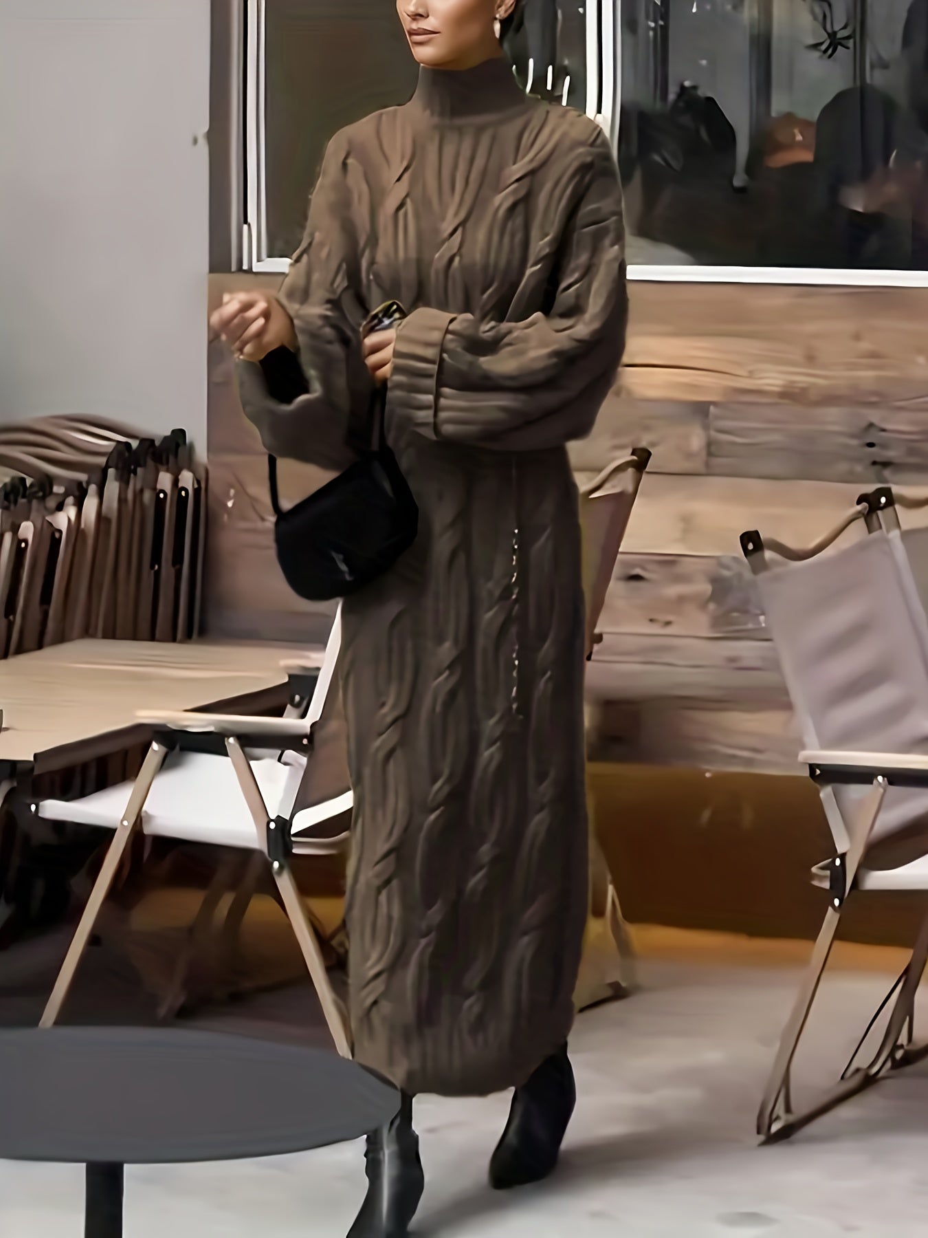 Vintage Drawstring High Neck Long Sleeve Fabric Dress