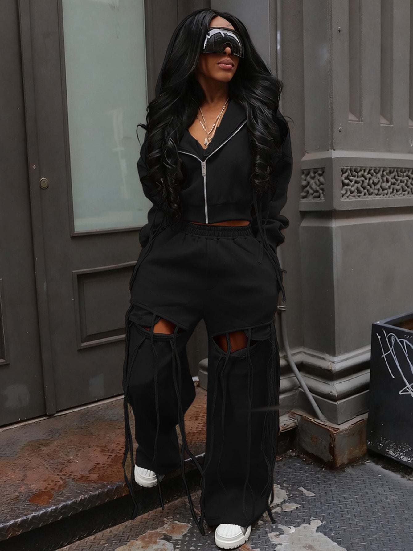 Hooded Zipper Sweatshirt Wide-Leg Hole Two-Piece Suit
