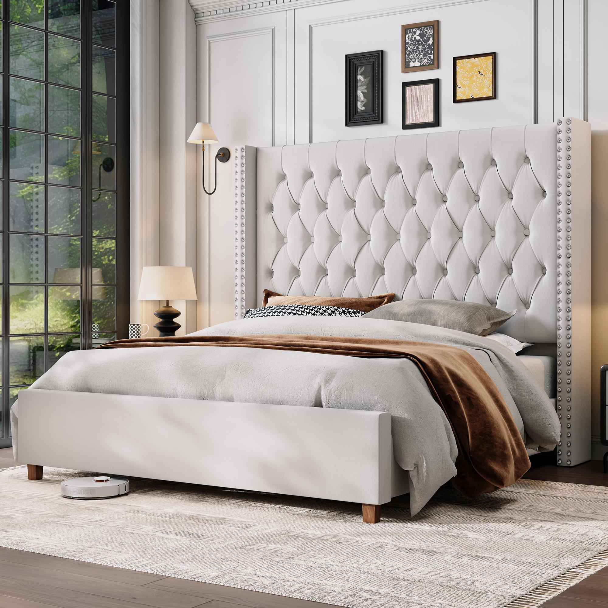 61.4" Tall Luxury Bed Frame with Tufted Wingback Headboard