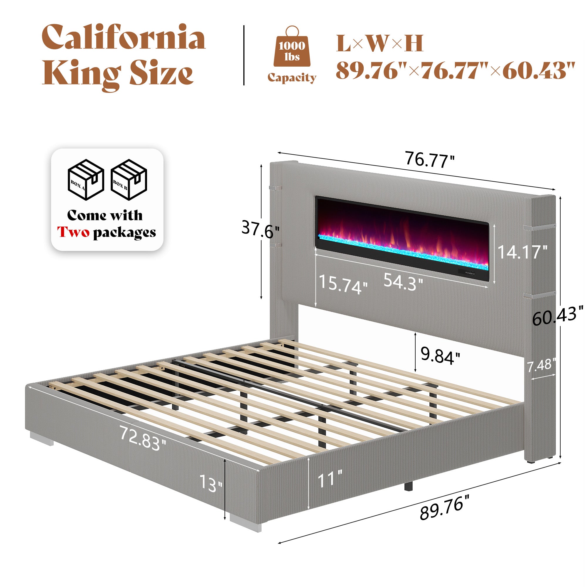 Modern California King Size Bed Frame with Electric Fireplace