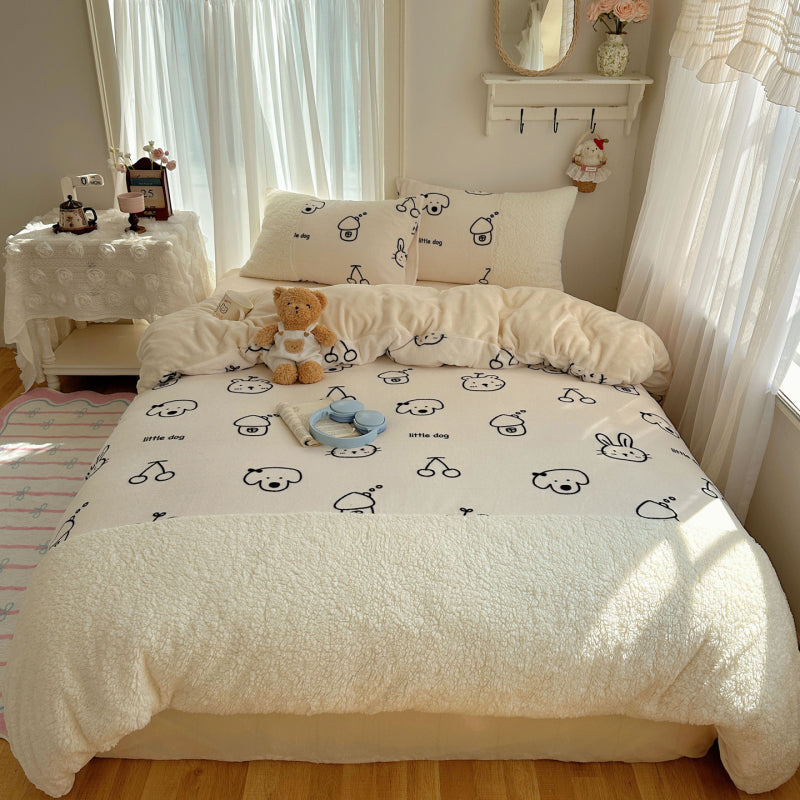 {3/4pcs} Cartoon Lambskin + Milk Velvet Set