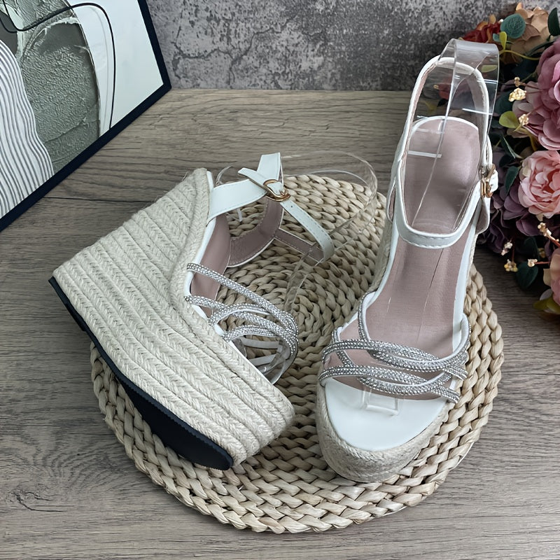 Women's Elegant Platform High Heel Sandals - Open Toe Formal & Casual Shoes for Parties, Office, Everyday - Beige/with Metallic Buckle Closure - Thick Platform Wedge Heel - Cushioned Insole & Non-Slip Rubber Sole