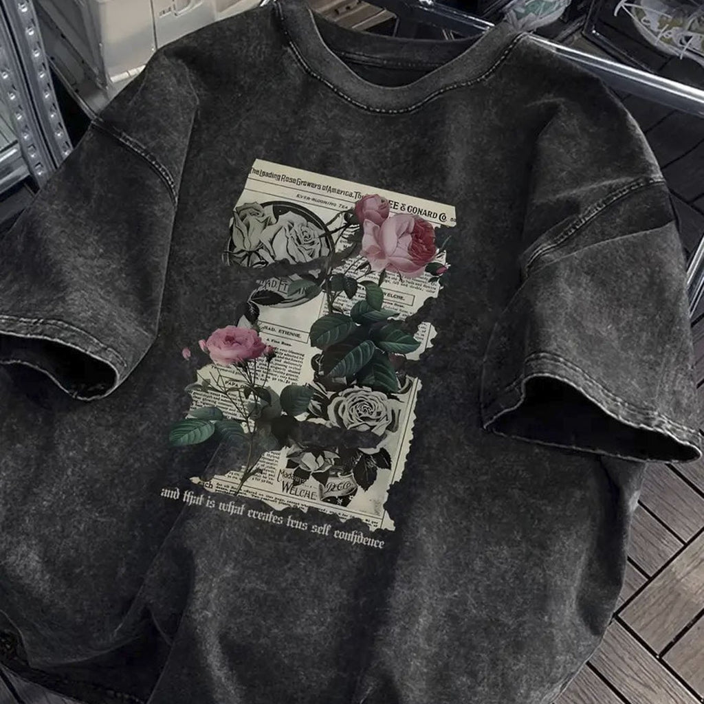 230G Washed, Retro Geometric Printed T-Shirt, High-Quality Wax Printed Retro Fashion Brand T-Shirt, Suitable for Summer T-Shirts And Holiday Gifts with a Certain Thickness W