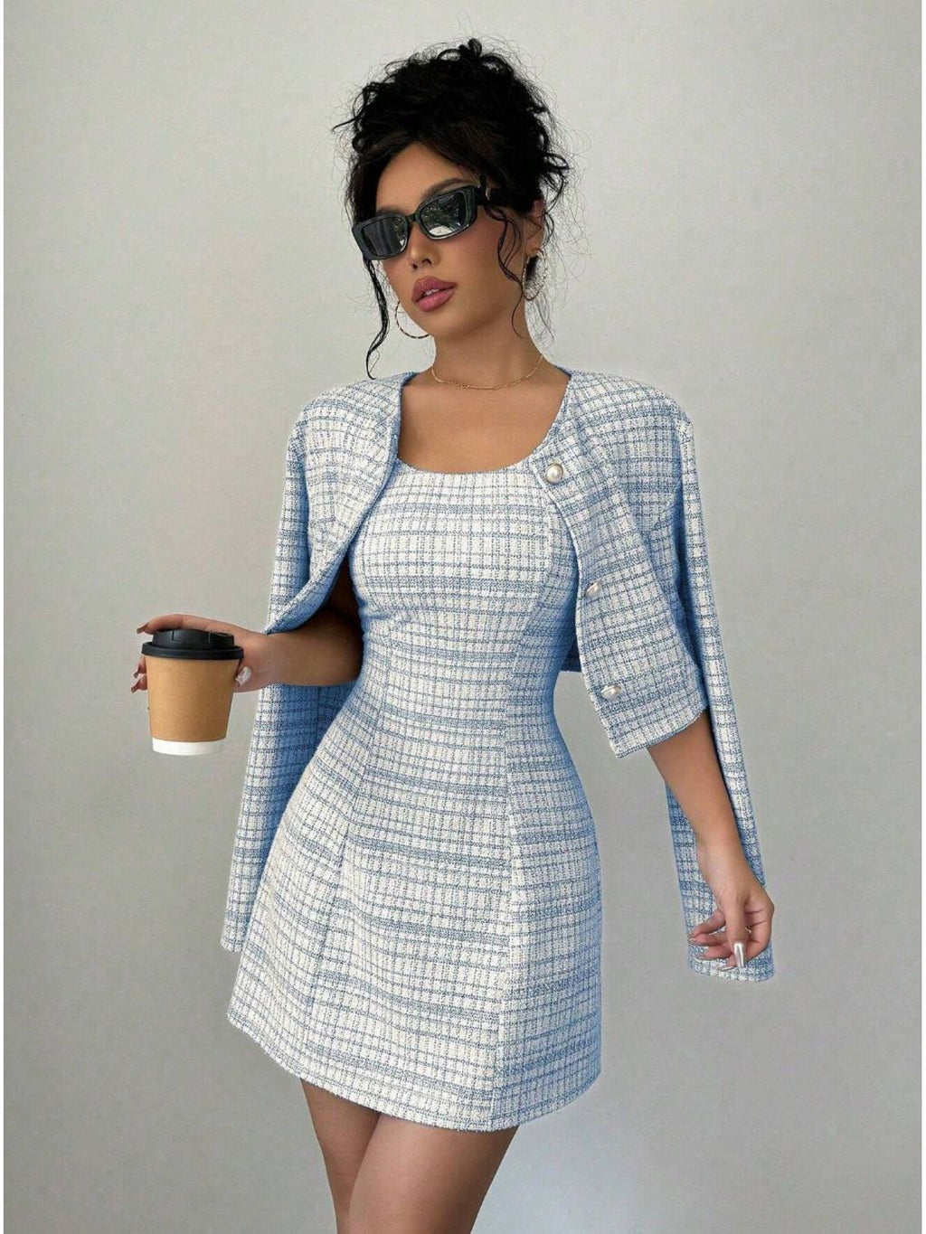 Women'S Fall/Winter Fashionable Elegant Dress Two- Piece Set- Single- Breasted Short Coat+ French Retro Tweed Dress