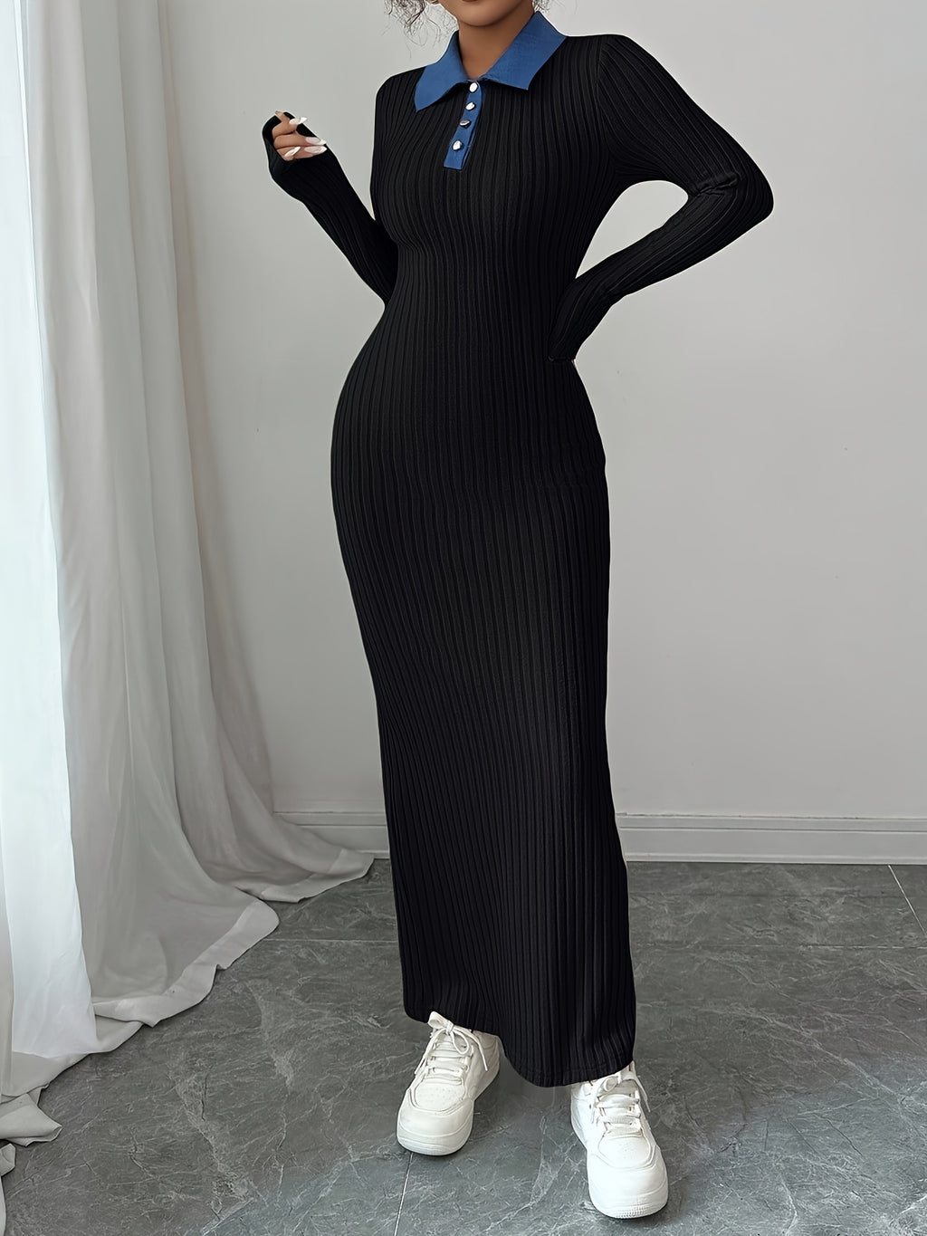 Long Sleeve Slim-Fit Autumn/Winter Dress with Contrast Stripe and Collar Button Design