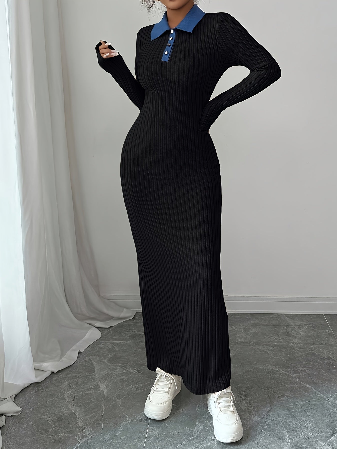 Long Sleeve Slim-Fit Autumn/Winter Dress with Contrast Stripe and Collar Button Design