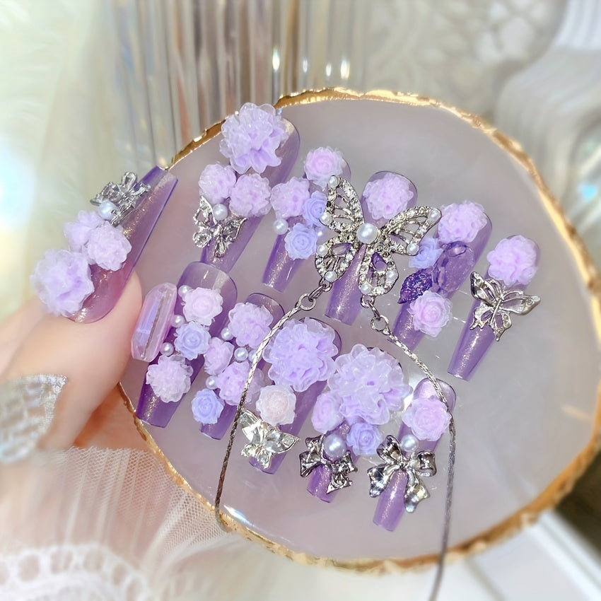 24pcs. (10 Handmade Luxurious Spring Collection 3D Silvery Butterflies and Purple Flowers with Long Ballet Flats for Women and s, Suitable for Travel, Parties, Proms, Festivals; Reusable and Easy to Remove