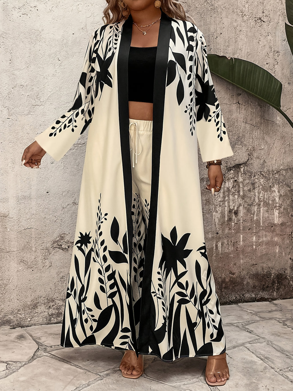 Tropical Leaf Print Maxi Coat & Wide-Leg Pants Set