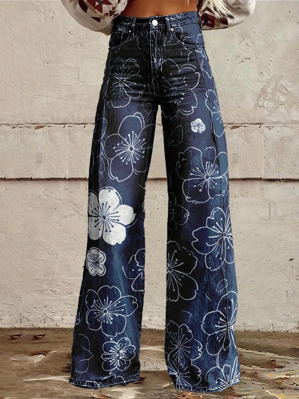 High-Waisted Wide-Leg Flared Floral Denim Jeans