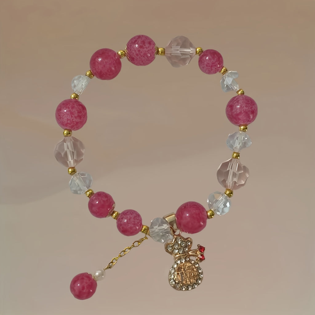 Pink Beaded Bracelet with Cute Golden Beads