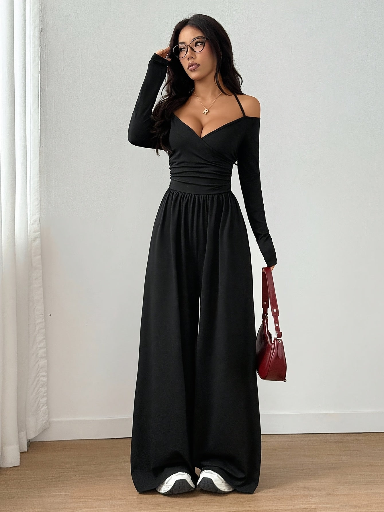 Off-Shoulder V-Neck Jumpsuit with Ruched Wide Legs