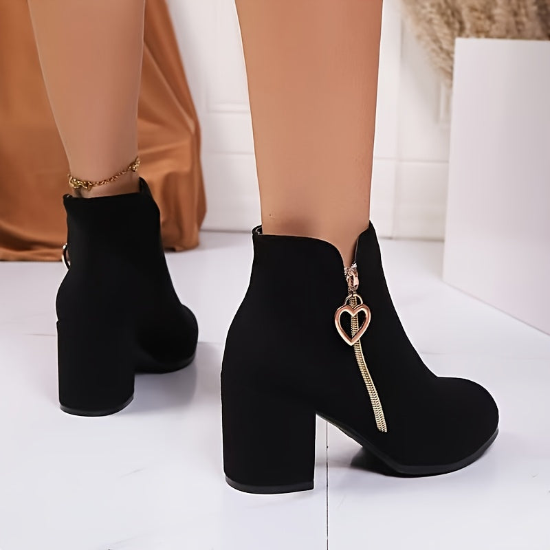 Chunky Heel Ankle Boots with Heart-Shaped Buckle & Golden-Tone Zipper Closure