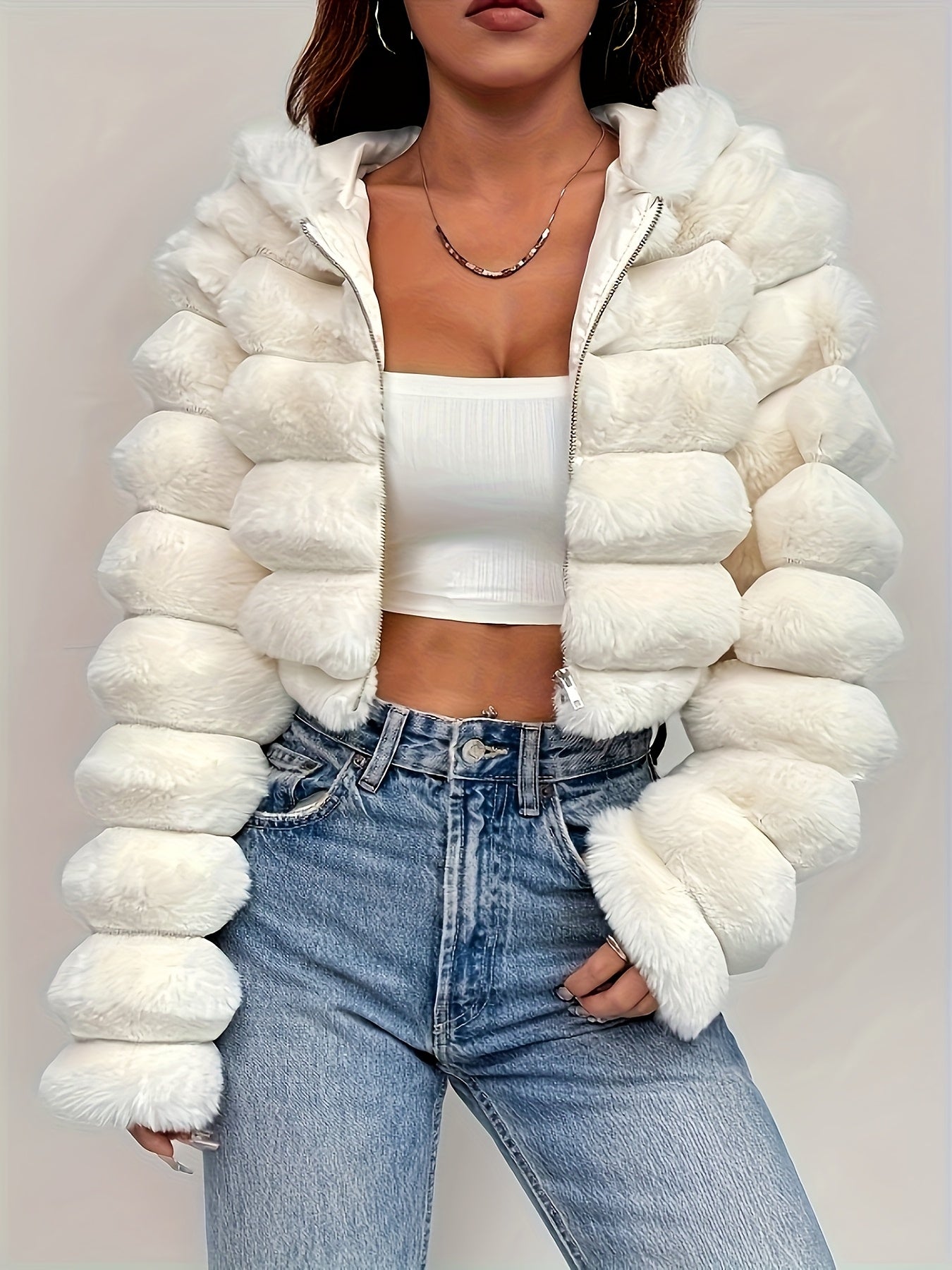Women'S Elegant White Faux Fur Hooded Jacket - Zip-Up Mid-Length Winter Coat with Puffy Sleeves, Perfect for Fall & Winter, Stylish Layering Piece, Winter Coat