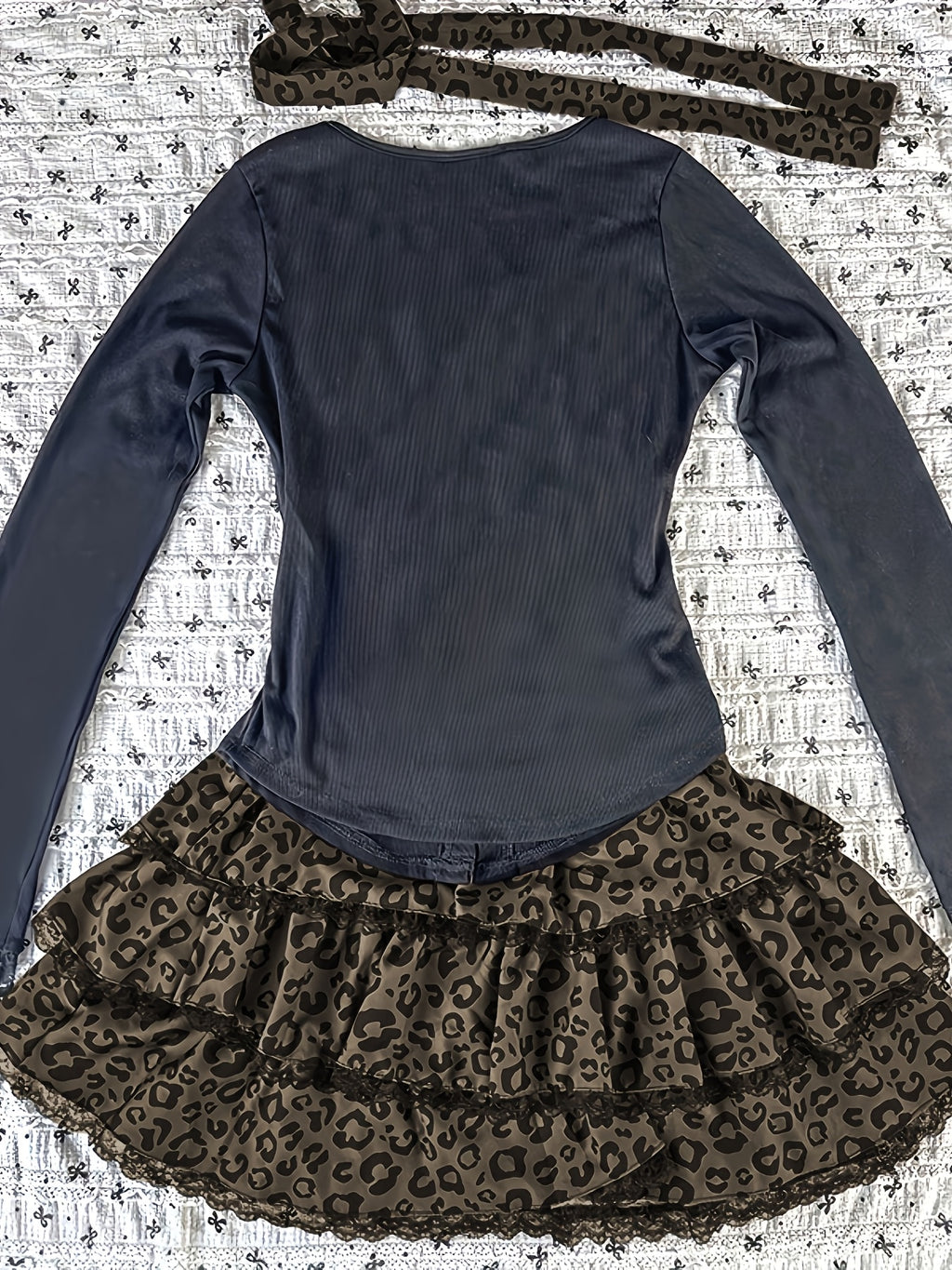 Leopard Print - Two-Piece Set: Crop Top + High-Waisted Flared Skirt - Sexy Mini Dress with Faux Two-Tone Design