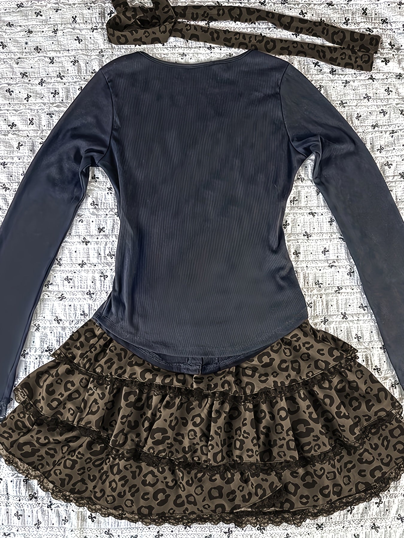 Leopard Print - Two-Piece Set: Crop Top + High-Waisted Flared Skirt - Sexy Mini Dress with Faux Two-Tone Design