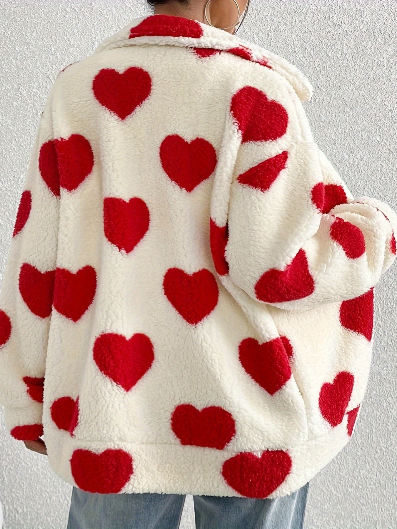 Plush Heart Print Cardigan Sweater Coat