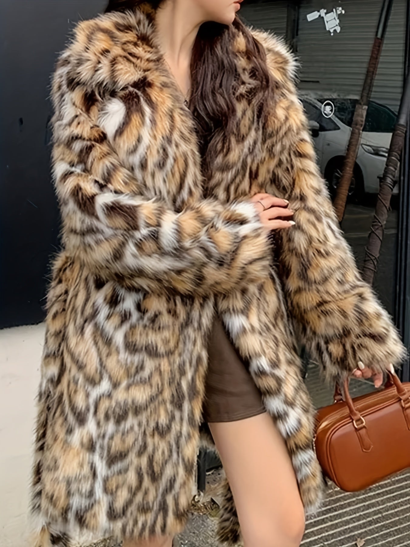 's Winter Warm Faux Fur Jacket - Elegant Collar Mid-Length Coat with White-Tipped Black Fur Trim, Machine Washable & Dry Cleanable, Casual Outerwear for Cold Weather (Leopard-like Appearance Without Pattern) - Coat for All
