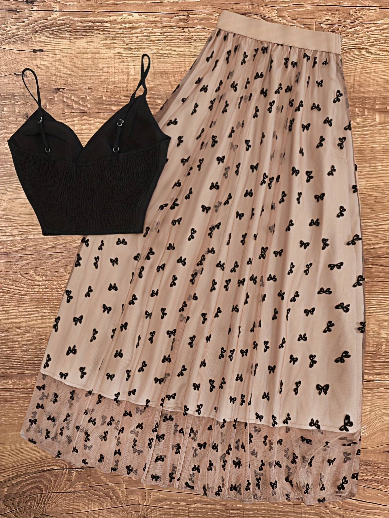 Elegant Off-Shoulder Black Spaghetti Strap Khaki Bow Skirt Set