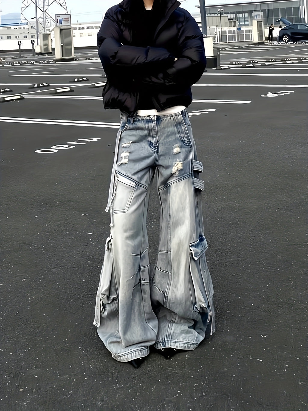 Cargo Faux Denim with Multiple Utility Pockets