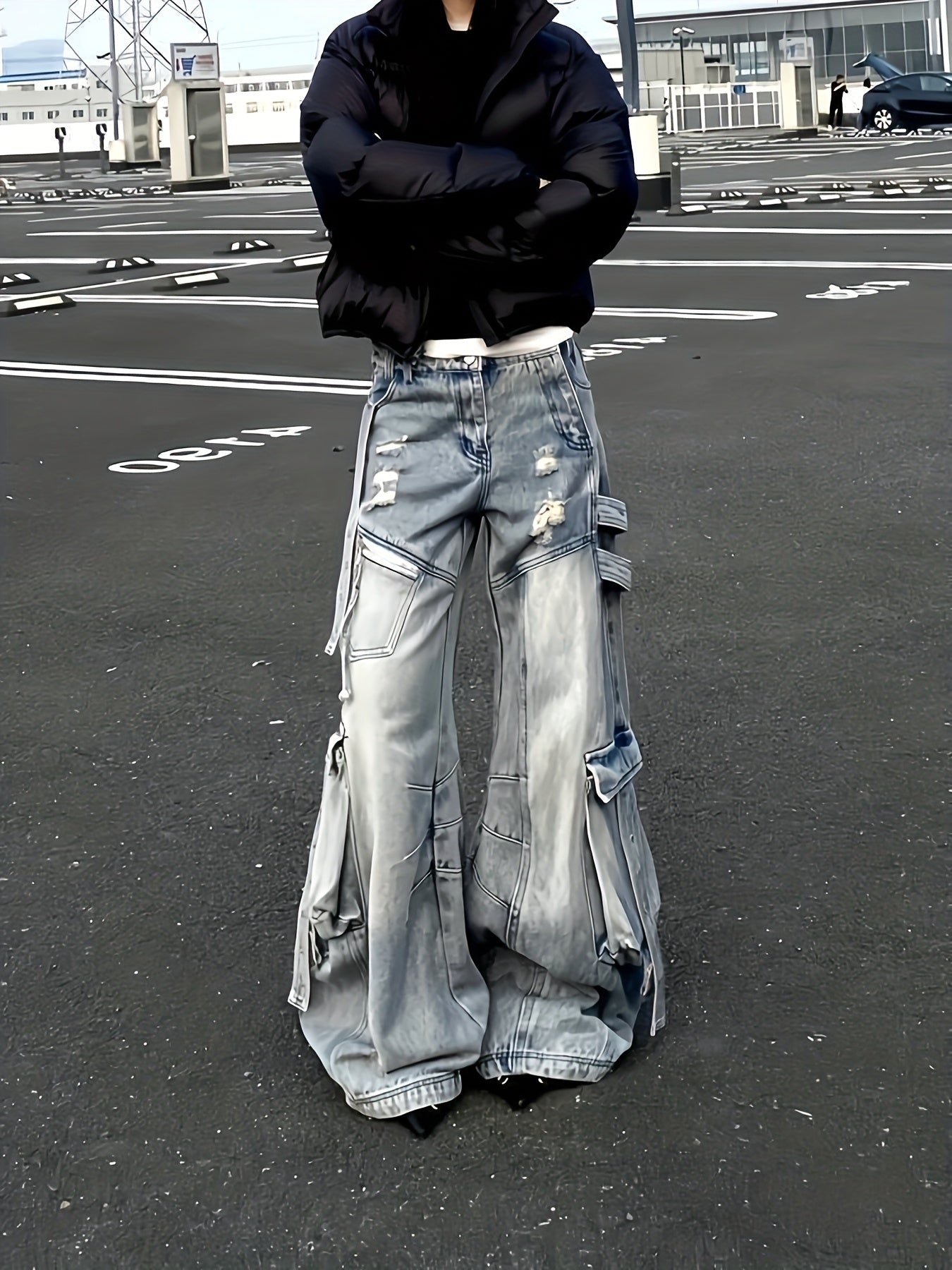 Cargo Faux Denim with Multiple Utility Pockets