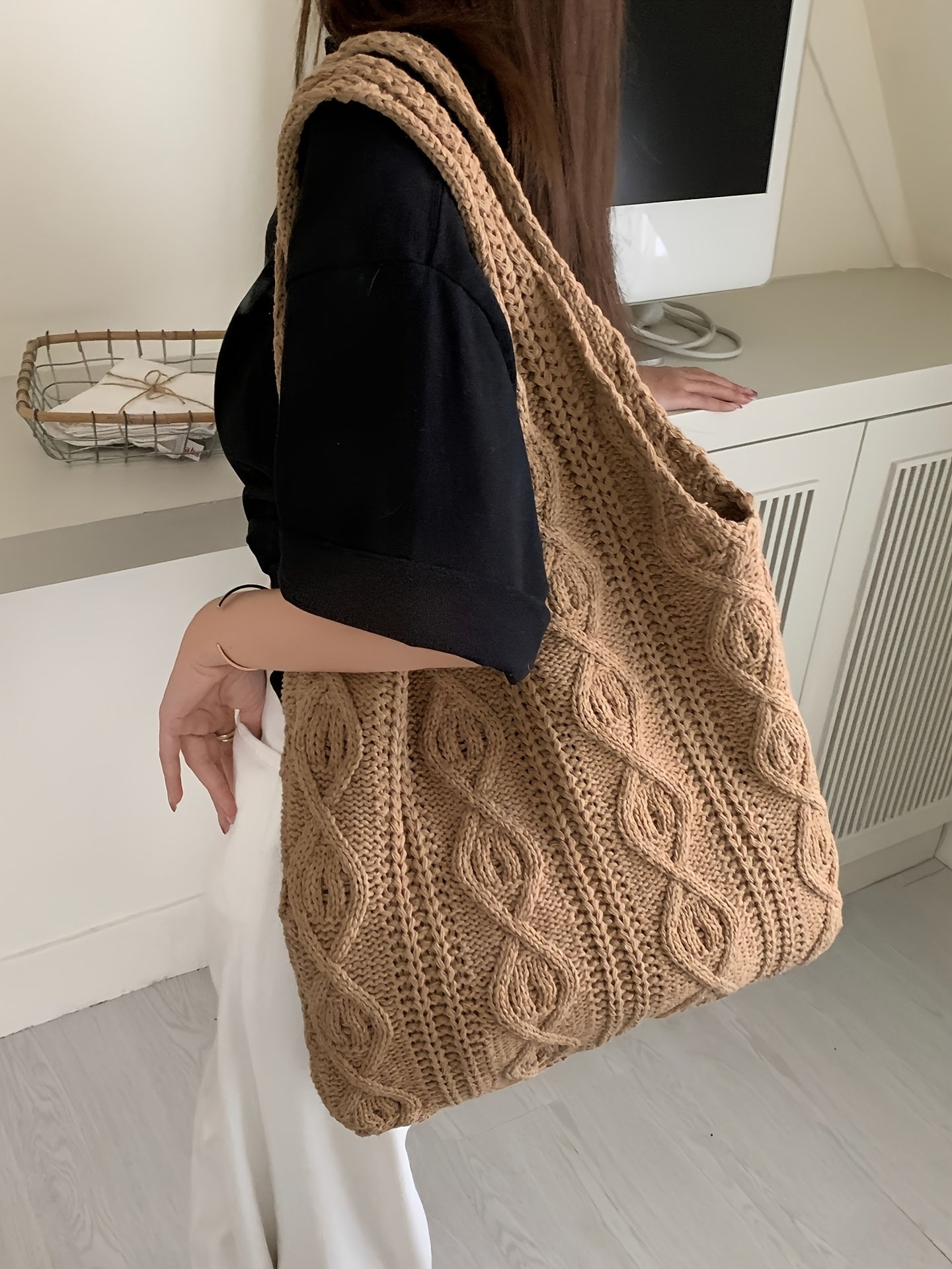 Vintage Knit Hobo Bag - Large Capacity Women'S Shoulder Bag with Intricate Braided Design, Beige Casual Tote for Shopping & Daily Use, Available in Three Colors | Retro Style Handbag | Open Design, Casual Shoulder Bag | Retro